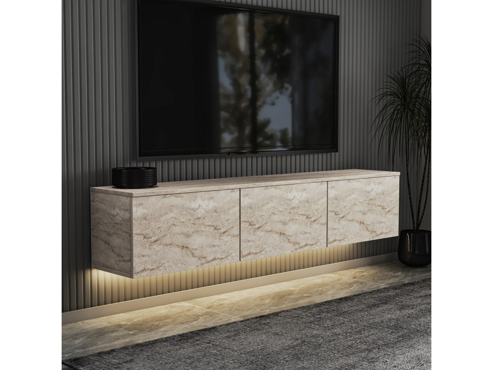Houten wandhangend TV-meubel met "Neon illuminated" LED-verlichting - 160 x 32 x 35 cm - Travertin