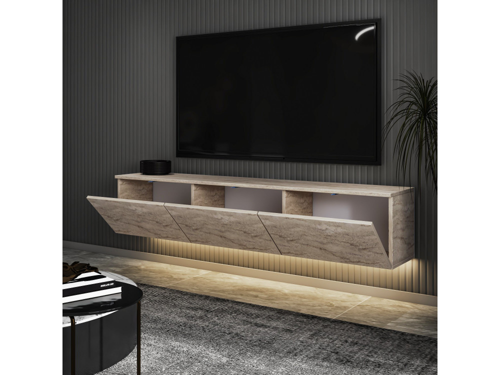 Houten wandhangend TV-meubel met "Neon illuminated" LED-verlichting - 160 x 32 x 35 cm - Travertin