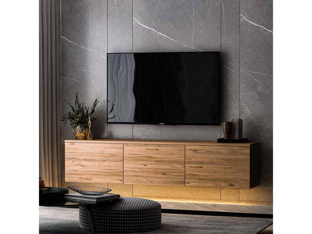 Neon verlicht" hangend houten TV-meubel met LED-verlichting - 160 x 32 x 35 cm - Bruin