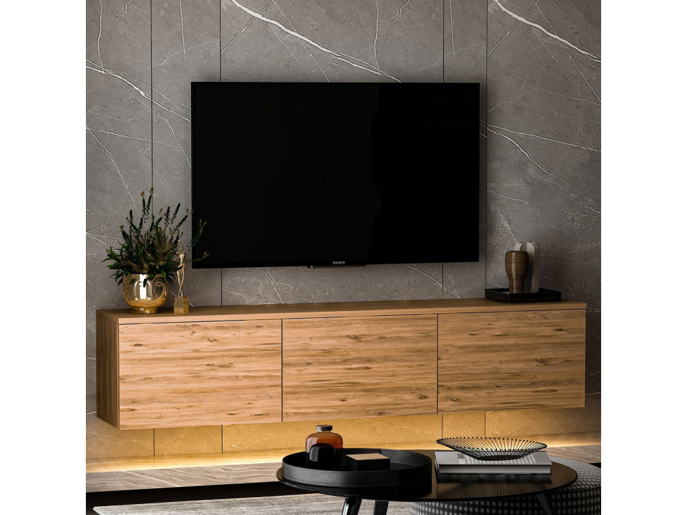 Neon verlicht" hangend houten TV-meubel met LED-verlichting - 160 x 32 x 35 cm - Bruin