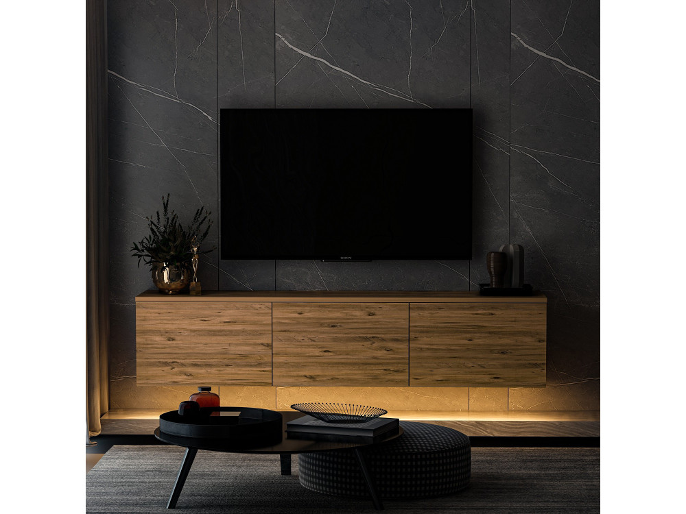 Neon verlicht" hangend houten TV-meubel met LED-verlichting - 160 x 32 x 35 cm - Bruin