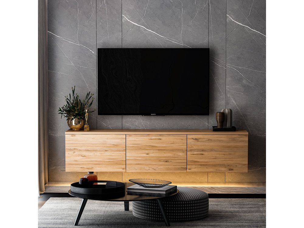 Neon verlicht" hangend houten TV-meubel met LED-verlichting - 160 x 32 x 35 cm - Bruin