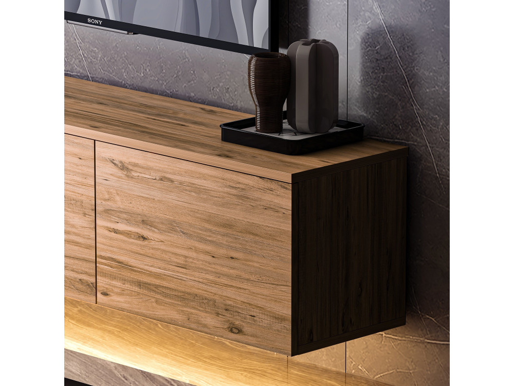 Neon verlicht" hangend houten TV-meubel met LED-verlichting - 160 x 32 x 35 cm - Bruin