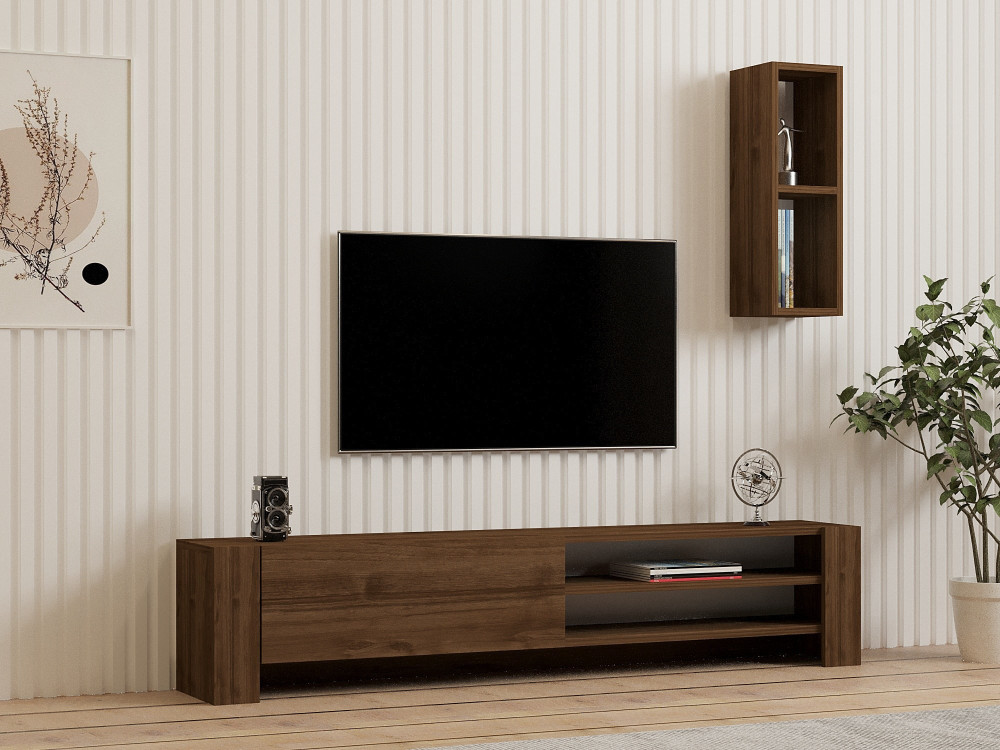 Naz" houten TV-meubel met wandplank - 160 x 26 x 33 cm - Bruin