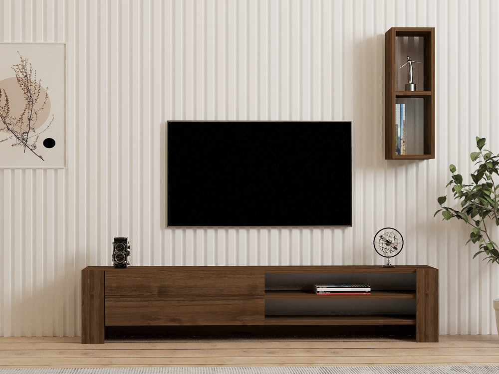 Naz" houten TV-meubel met wandplank - 160 x 26 x 33 cm - Bruin