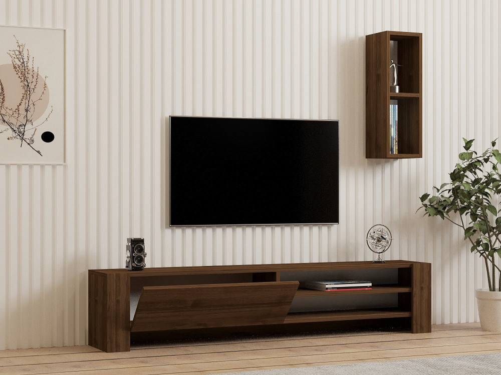 Naz" houten TV-meubel met wandplank - 160 x 26 x 33 cm - Bruin