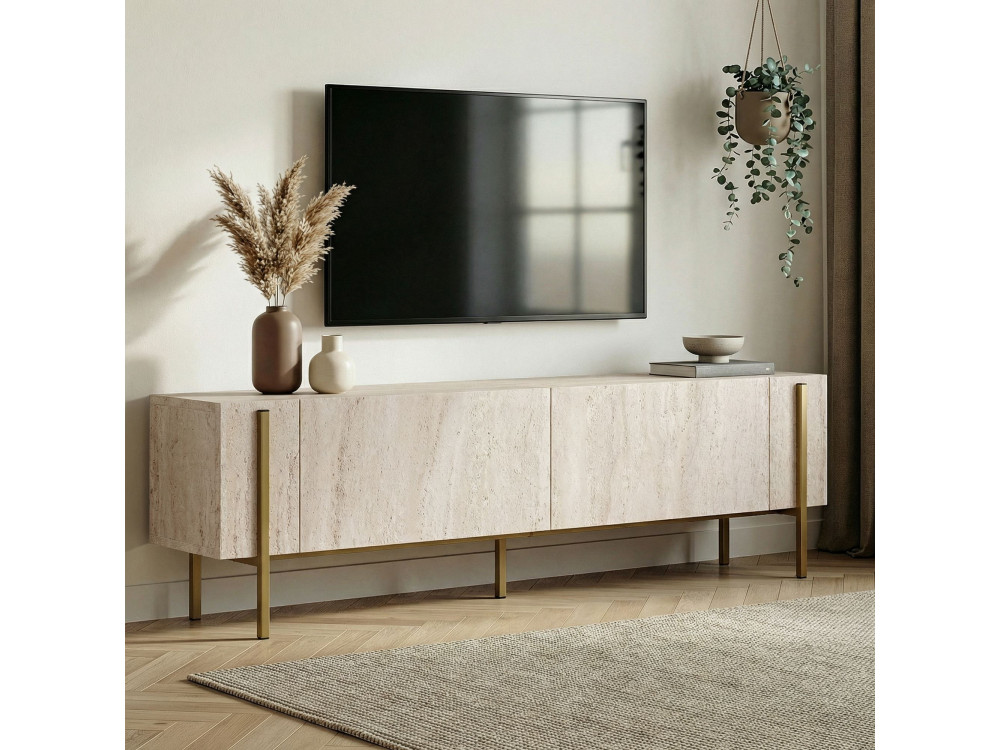 Houten TV-meubel Nexus" - 180 x 30 x 45 cm - Travertin / Goud
