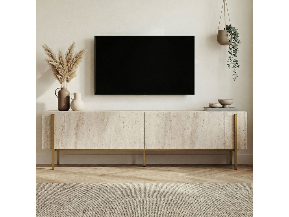 Houten TV-meubel Nexus" - 180 x 30 x 45 cm - Travertin / Goud