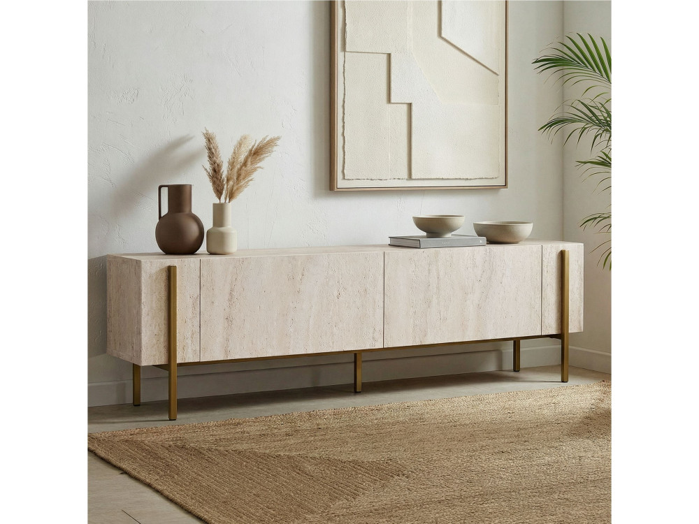 Houten TV-meubel Nexus" - 180 x 30 x 45 cm - Travertin / Goud