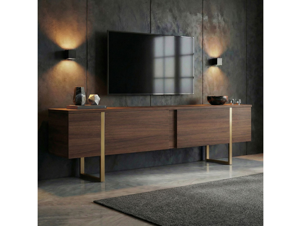 Onera" houten TV-meubel - 180 x 30 x 50 cm - Notelaar / Goud