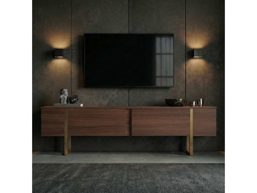 Onera" houten TV-meubel - 180 x 30 x 50 cm - Notelaar / Goud