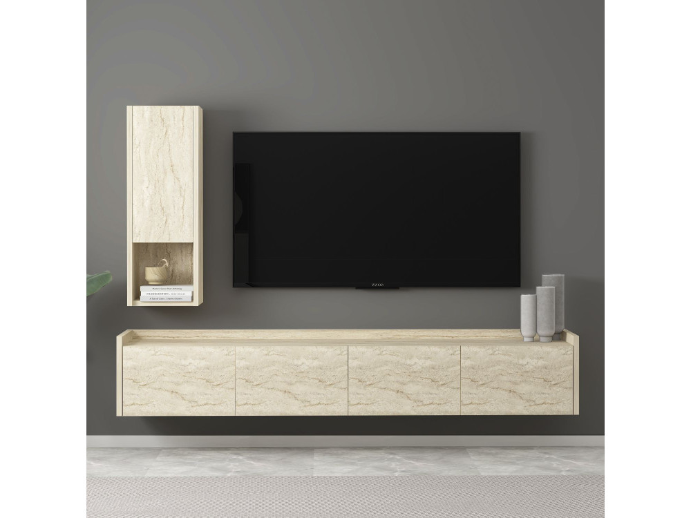 Houten TV-meubel "Sema" met wandplank - 160 x 30 x 35 cm - Travertin