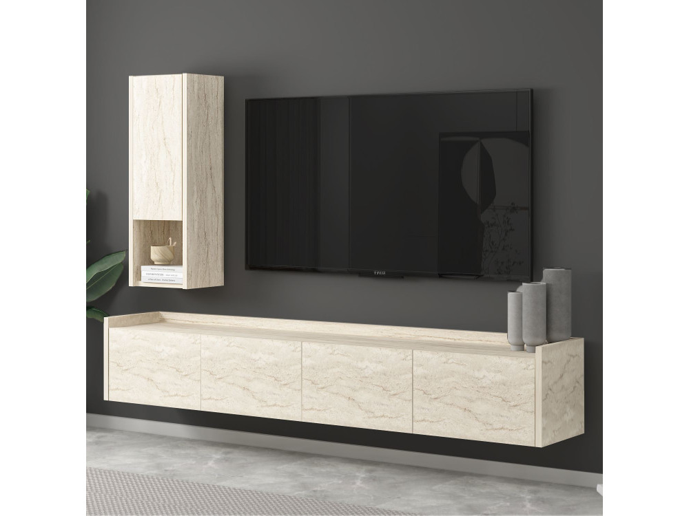 Houten TV-meubel "Sema" met wandplank - 160 x 30 x 35 cm - Travertin