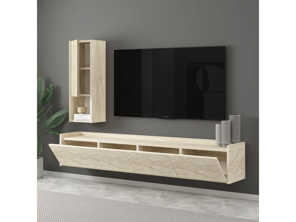 Houten TV-meubel "Sema" met wandplank - 160 x 30 x 35 cm - Travertin