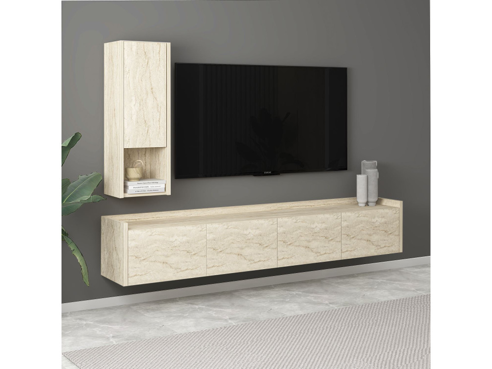 Houten TV-meubel "Sema" met wandplank - 160 x 30 x 35 cm - Travertin