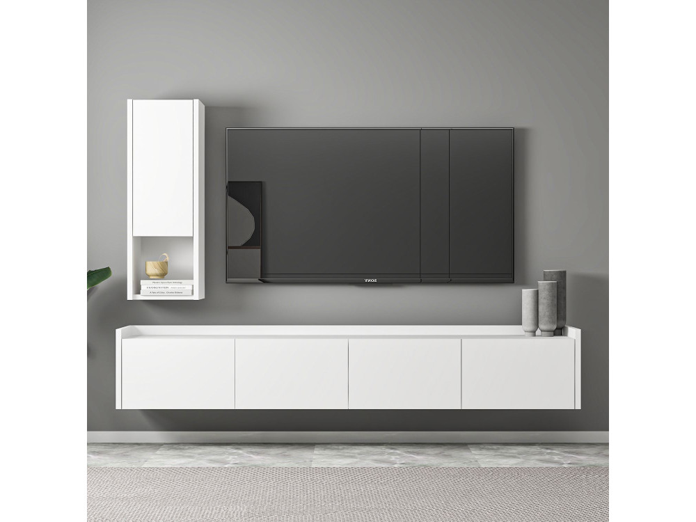 Houten TV-meubel "Sema" met wandplank - 160 x 30 x 35 cm - Wit
