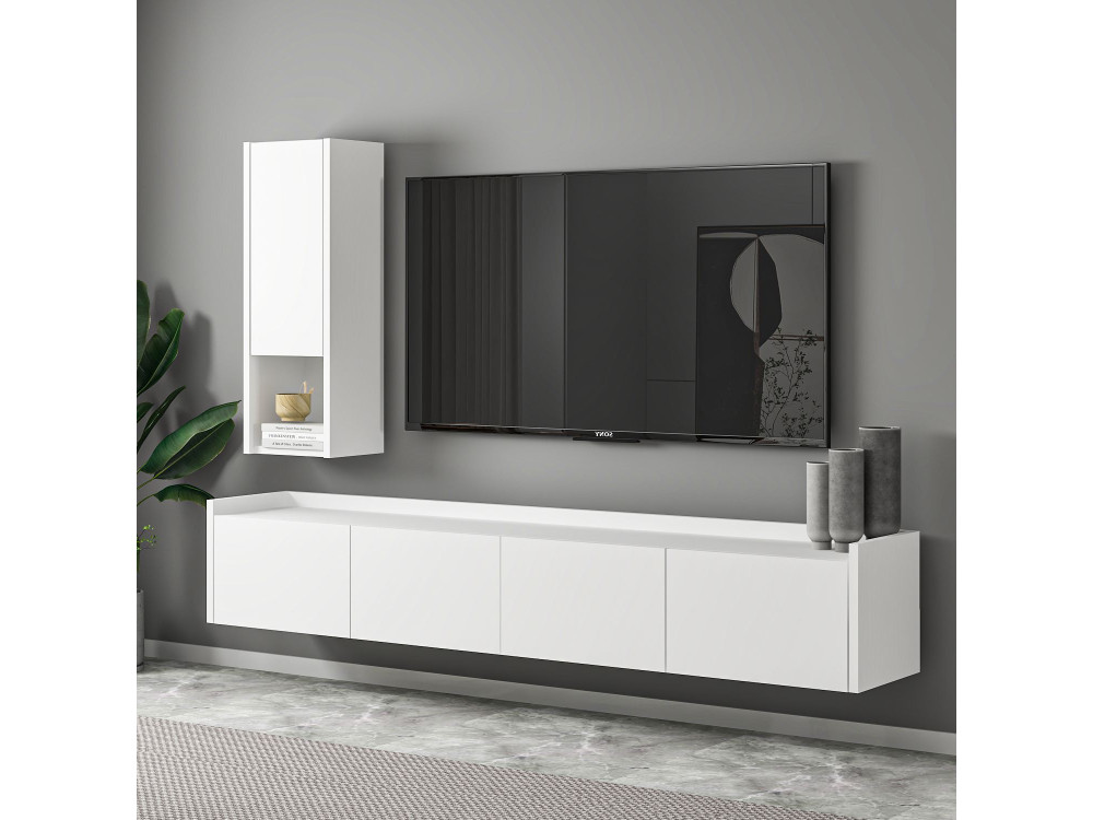 Houten TV-meubel "Sema" met wandplank - 160 x 30 x 35 cm - Wit