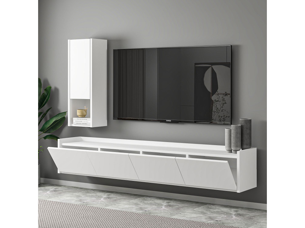Houten TV-meubel "Sema" met wandplank - 160 x 30 x 35 cm - Wit