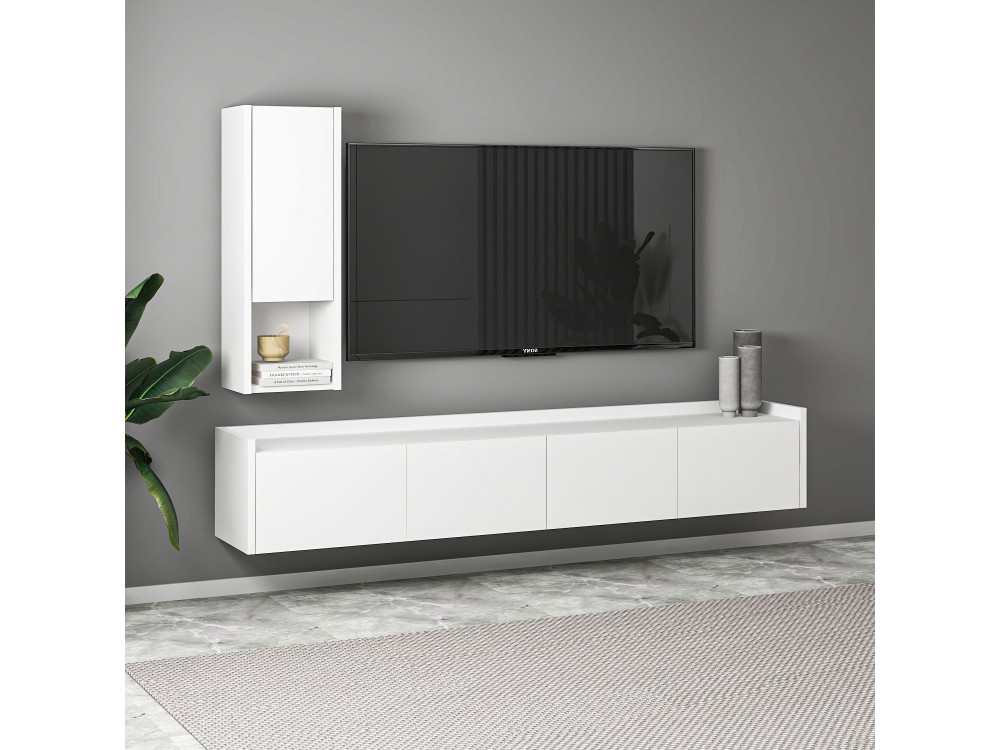 Houten TV-meubel "Sema" met wandplank - 160 x 30 x 35 cm - Wit