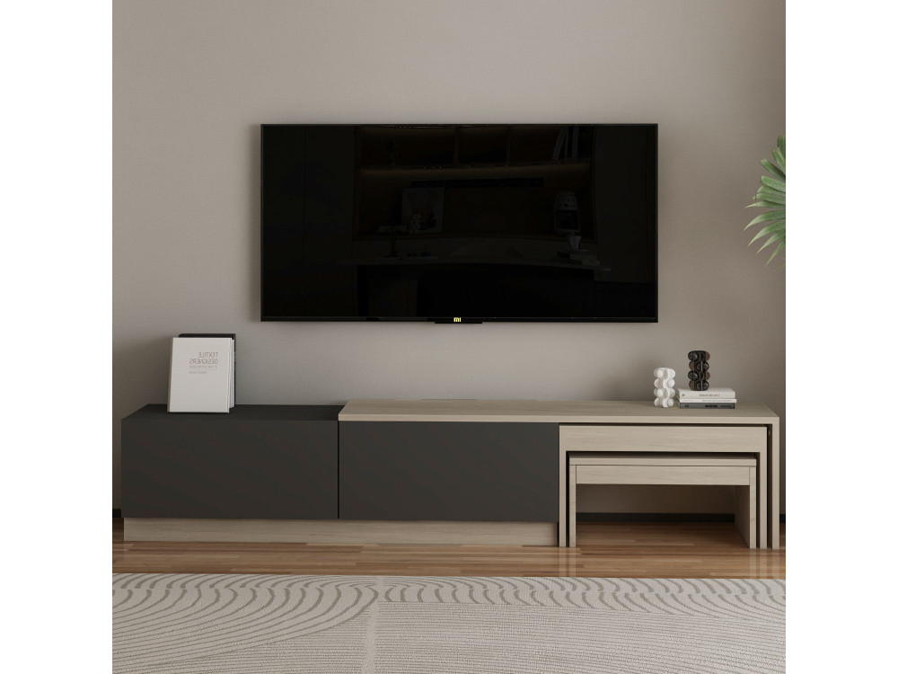 Nest" houten TV-meubel - 180 x 30 x 36 cm - Antraciet grijs