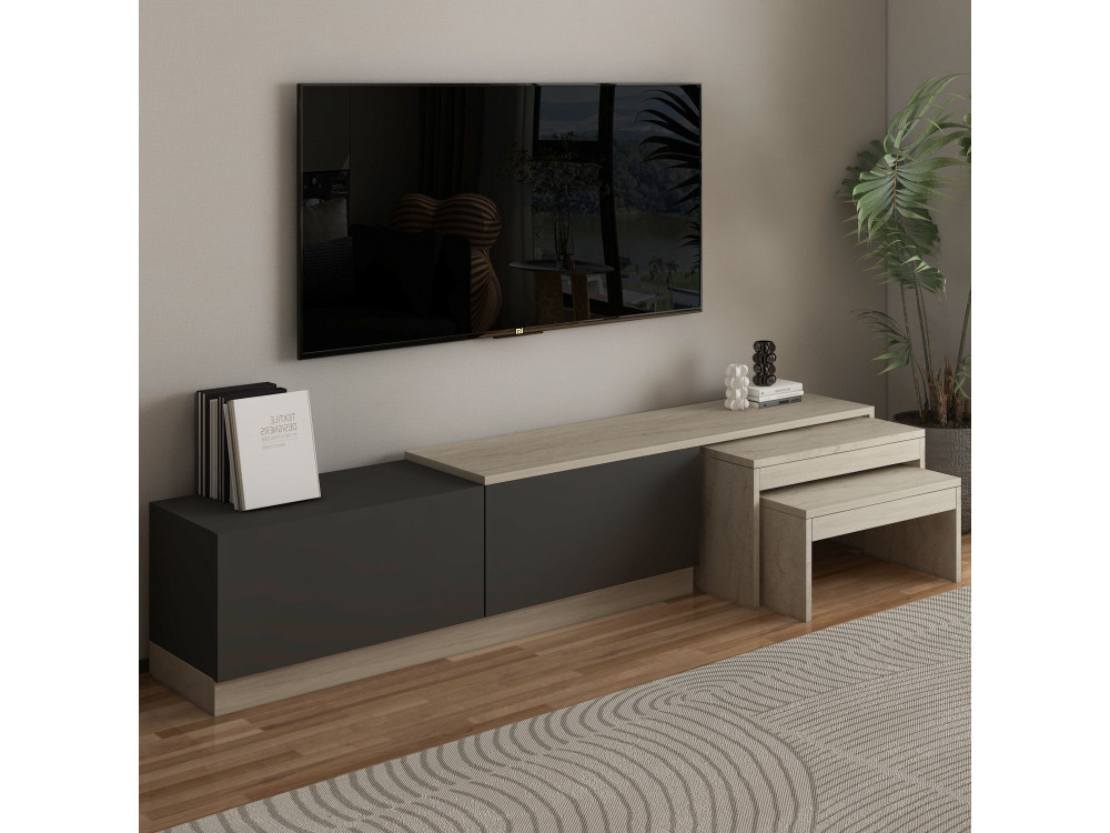 Nest" houten TV-meubel - 180 x 30 x 36 cm - Antraciet grijs