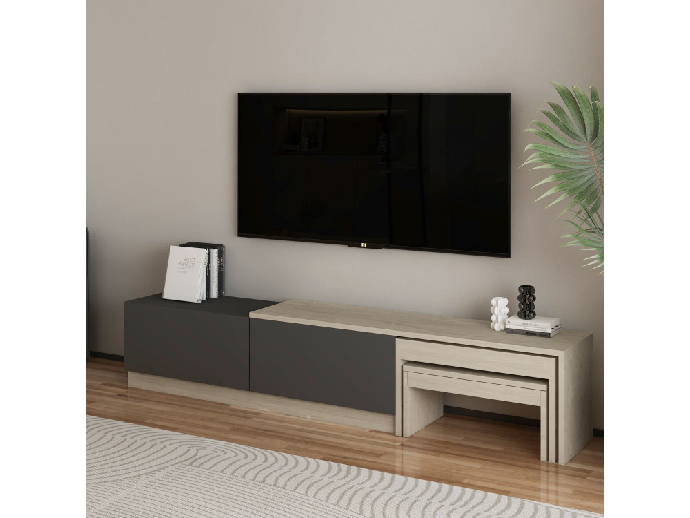 Nest" houten TV-meubel - 180 x 30 x 36 cm - Antraciet grijs