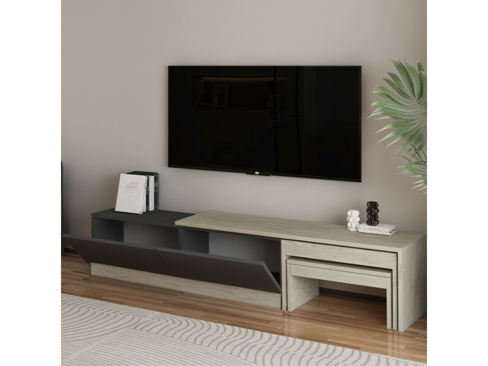 Nest" houten TV-meubel - 180 x 30 x 36 cm - Antraciet grijs