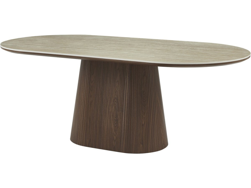 Portofino" ovale eettafel van steen en hout - 8 zitplaatsen - Travertin en bruin