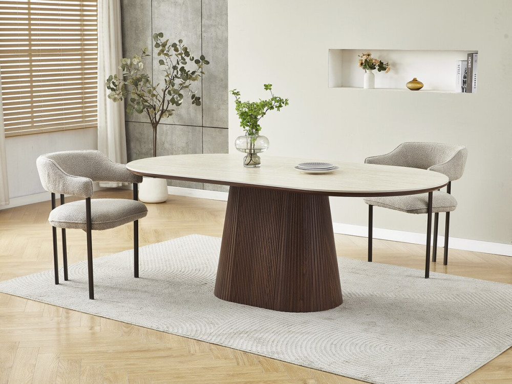 Portofino" ovale eettafel van steen en hout - 8 zitplaatsen - Travertin en bruin