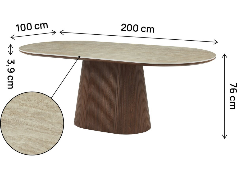 Portofino" ovale eettafel van steen en hout - 8 zitplaatsen - Travertin en bruin