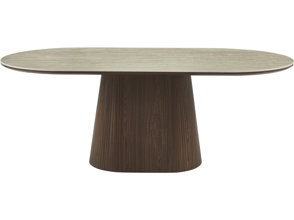 Portofino" ovale eettafel van steen en hout - 8 zitplaatsen - Travertin en bruin