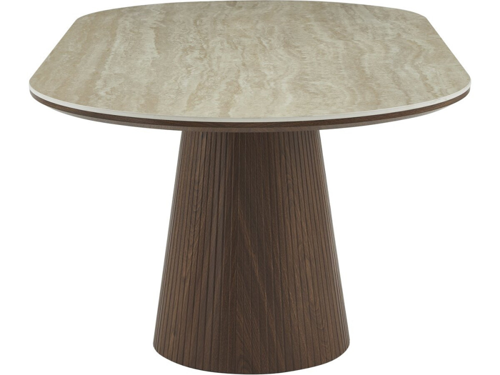 Portofino" ovale eettafel van steen en hout - 8 zitplaatsen - Travertin en bruin