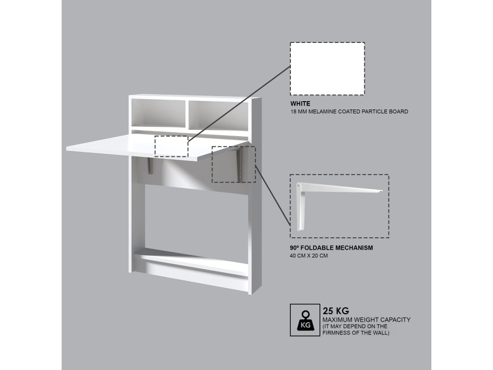 Bracked" inklapbare houten eettafel - 70 x 15 x 96 cm - Wit