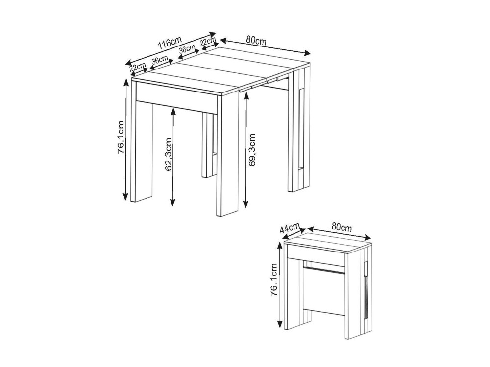 Houten uitschuifbare eettafel "Nivo" - 80 x 44 x 76 cm - Wit