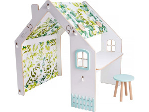 Houten speelhuisje met bureau krukje en led binnen "Bianelli" - 114 x 93 x 120 cm - Wit / Mintkleur