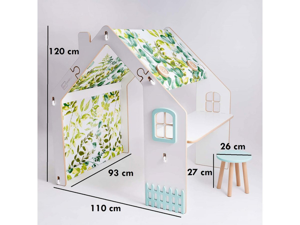 Houten speelhuisje met bureau krukje en led binnen "Bianelli" - 114 x 93 x 120 cm - Wit / Mintkleur
