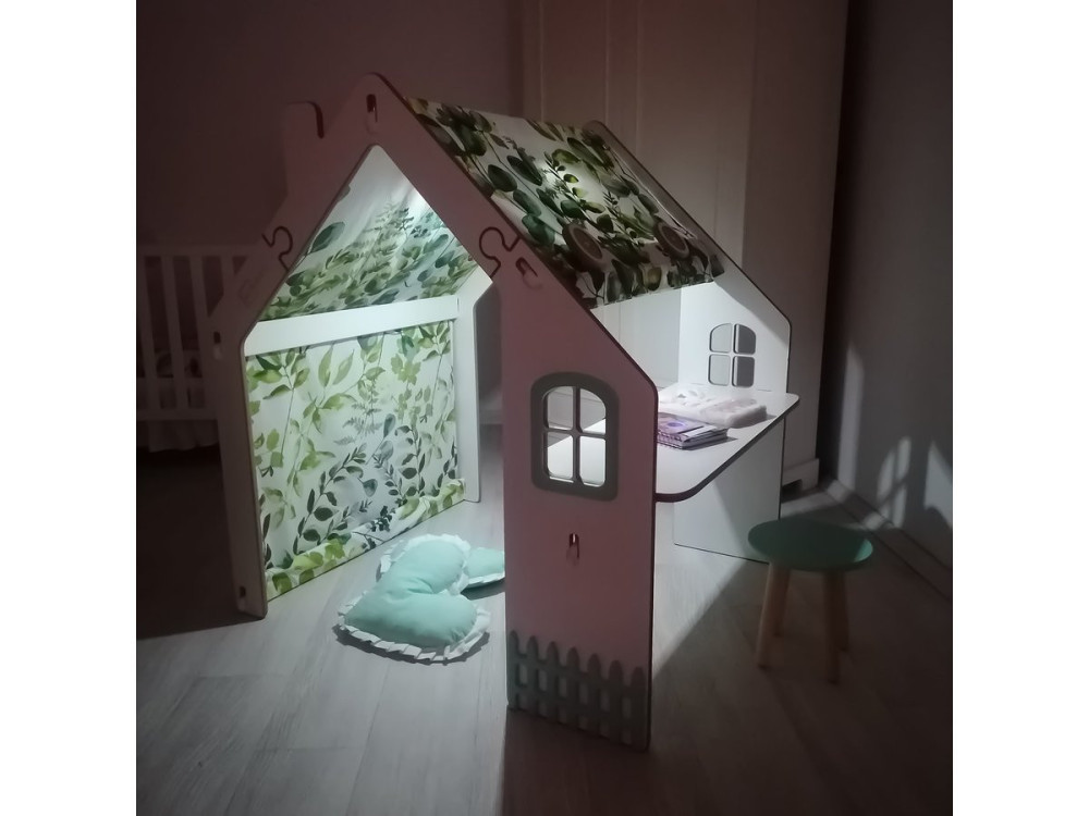 Houten speelhuisje met bureau krukje en led binnen "Bianelli" - 114 x 93 x 120 cm - Wit / Mintkleur