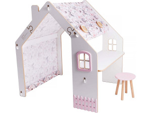 Houten speelhuisje met bureau krukje en led binnen "Bianelli" - 114 x 93 x 120 cm - Wit / Roze