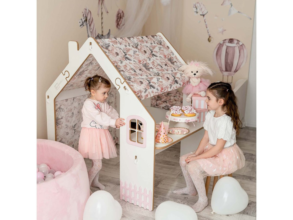 Houten speelhuisje met bureau krukje en led binnen "Bianelli" - 114 x 93 x 120 cm - Wit / Roze