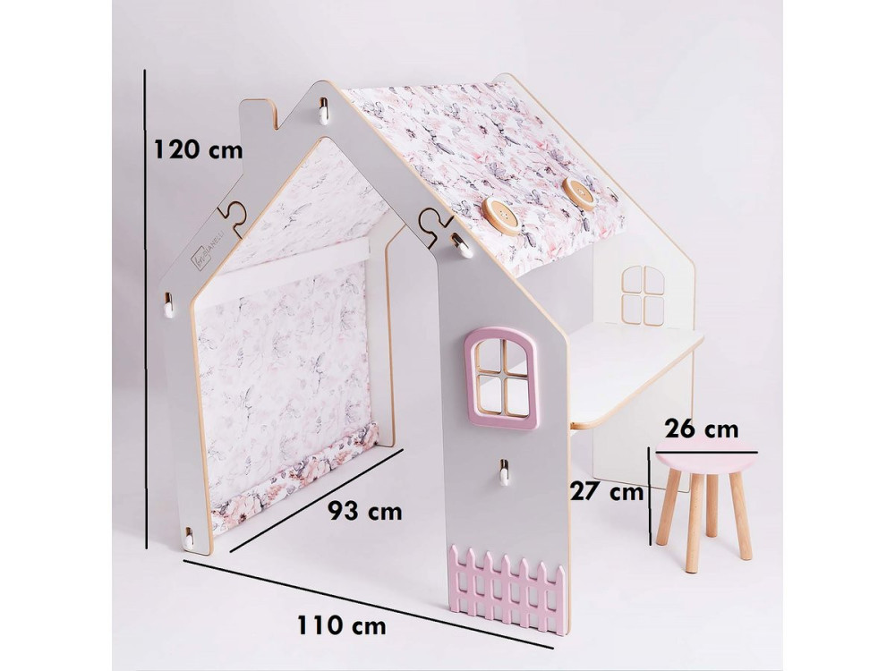 Houten speelhuisje met bureau krukje en led binnen "Bianelli" - 114 x 93 x 120 cm - Wit / Roze