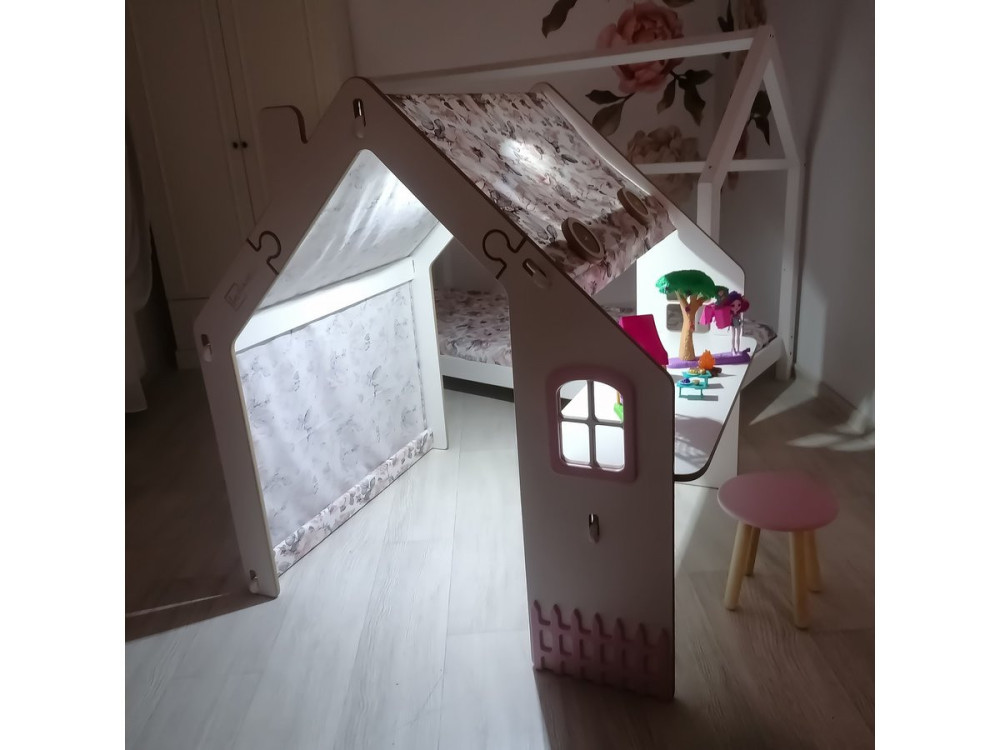 Houten speelhuisje met bureau krukje en led binnen "Bianelli" - 114 x 93 x 120 cm - Wit / Roze