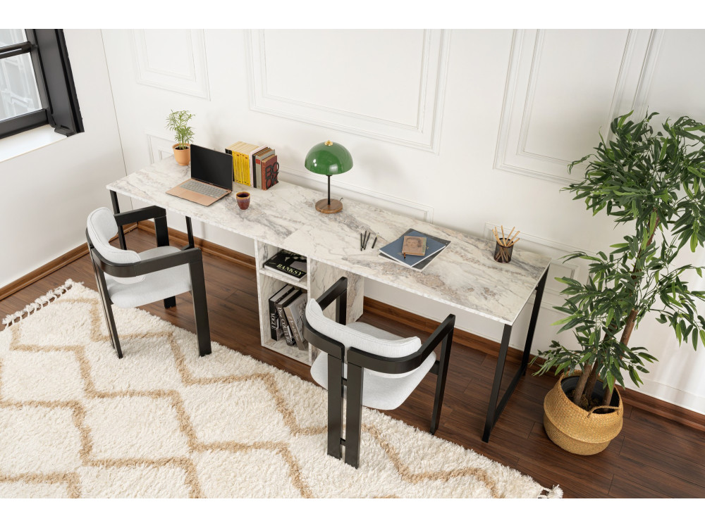 Twin" dubbel bureau met 2 houten planken - 240 x 60 x 74 cm - Gemarmerd wit