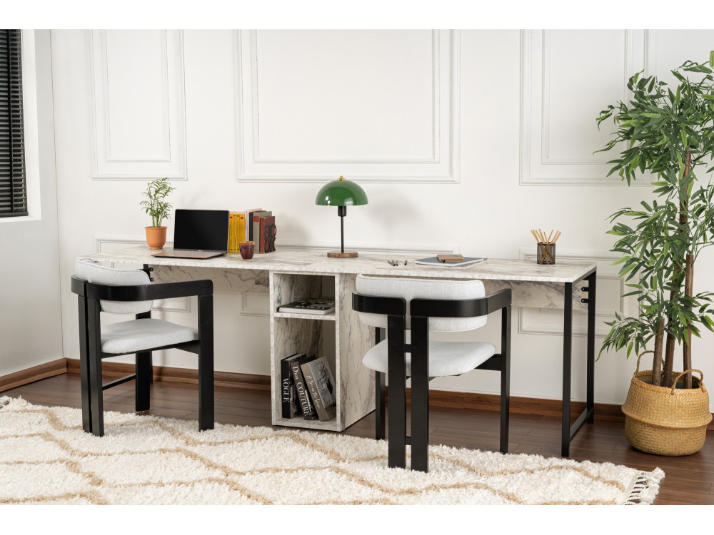 Twin" dubbel bureau met 2 houten planken - 240 x 60 x 74 cm - Gemarmerd wit