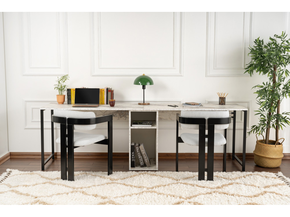 Twin" dubbel bureau met 2 houten planken - 240 x 60 x 74 cm - Gemarmerd wit