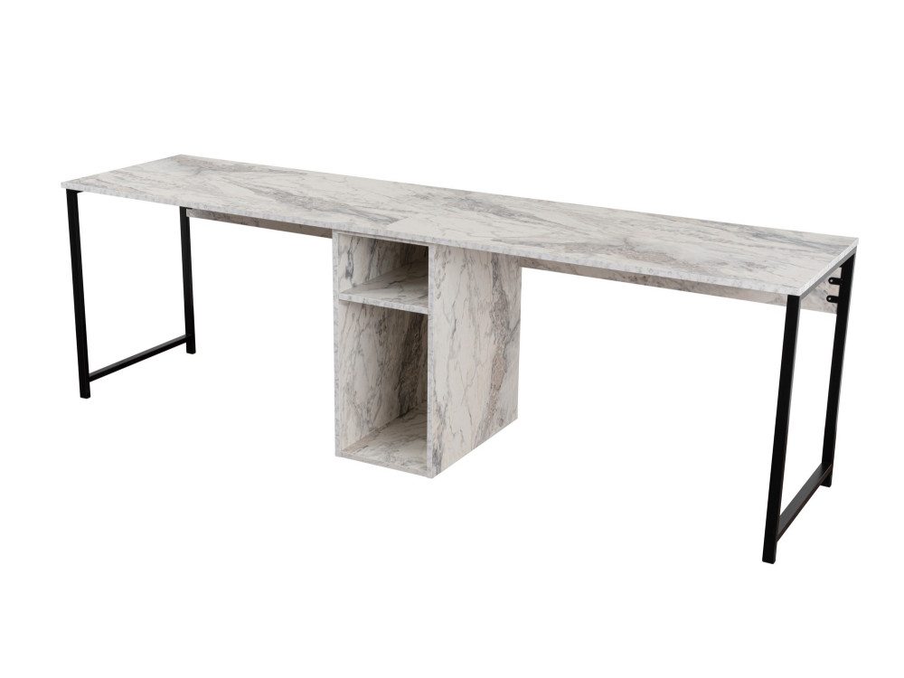 Twin" dubbel bureau met 2 houten planken - 240 x 60 x 74 cm - Gemarmerd wit
