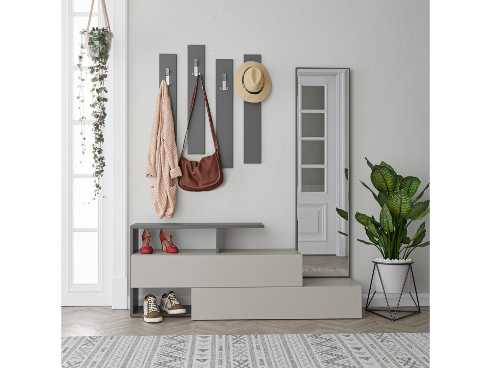 Halelement "Ramda" met houten spiegel - 137 x 35 x 154 cm - Antracietgrijs