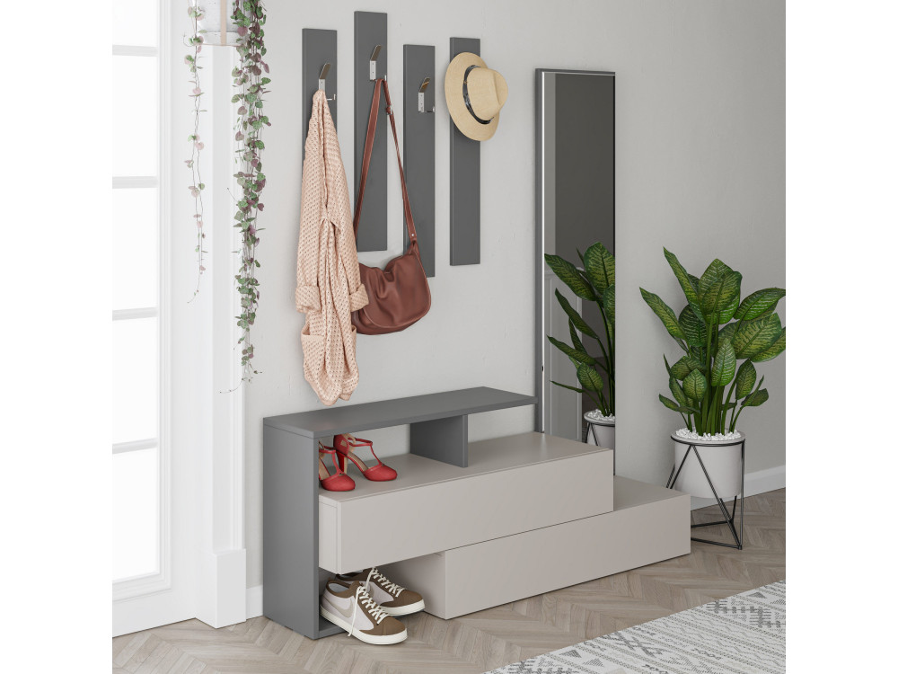 Halelement "Ramda" met houten spiegel - 137 x 35 x 154 cm - Antracietgrijs