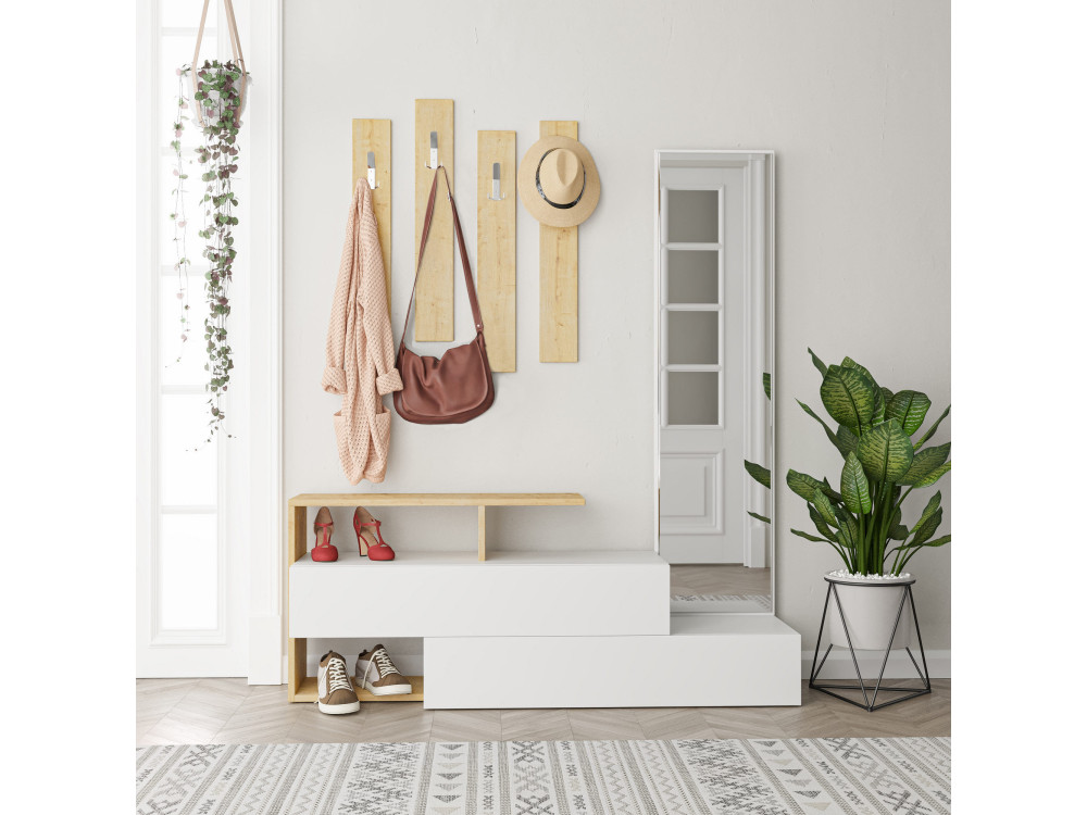 Halelement "Ramda" met houten spiegel - 137 x 35 x 154 cm - Beige