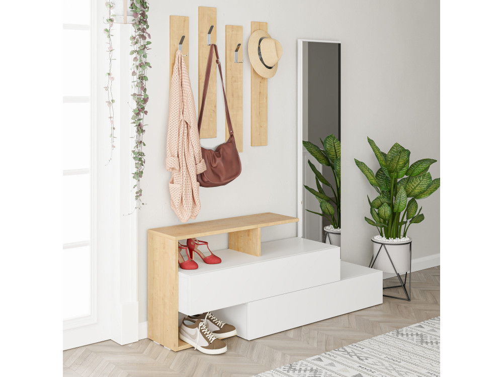 Halelement "Ramda" met houten spiegel - 137 x 35 x 154 cm - Beige