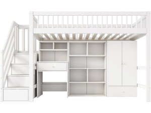 Houten hoogslaper met inbouwkleerkast en bureau „Amélia“ - 90 x 190 cm - Wit